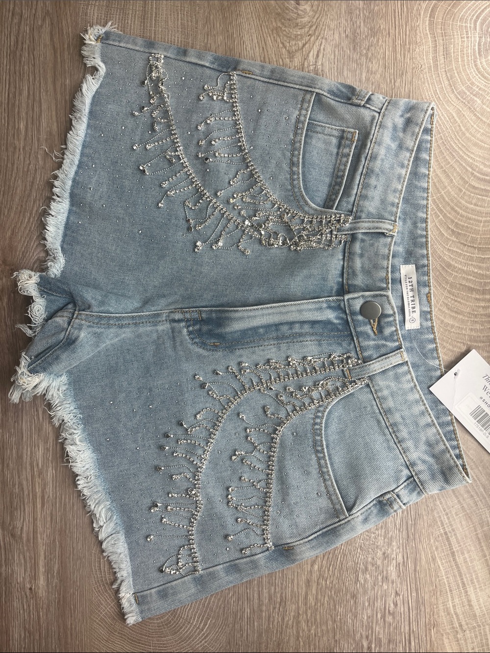 12th Tribe Light Blue Embellished Frayed Hem Denim Shorts